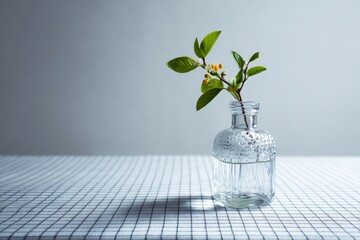 Poster - Glass vase with spring flowers and water on a checkered tablecloth in soft light