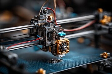 Poster - Details of a 3D printer in action, showcasing intricate components and the printing platform during the early stages of a project