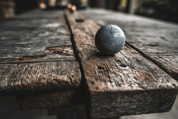 Aufkleber - Wooden table surface with a metallic ball resting on it in a rustic setting during daylight