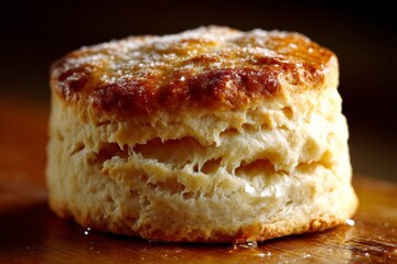 Poster - Fluffy biscuit with a golden crust sitting on a wooden surface garnished with a dusting of sugar during a cozy morning
