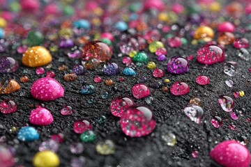 Aufkleber - Colorful water droplets on textured dark surface showcasing vibrant reflections and patterns during afternoon light