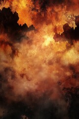 Poster - Abstract Inferno Landscape Painting with Fiery Sky and Dark Mountain Silhouette in Warm Tones