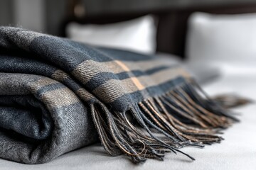 Poster - Cozy striped blanket rolled and placed on a soft bed in a stylish room with white pillows and modern decor
