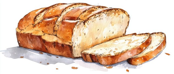 Poster - Loaf of Bread with Slices Watercolor Illustration Still Life Food Photography Studio Shot on White Background
