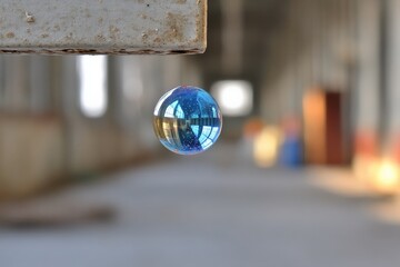 Fototapete - Floating bubble captures reflections of a bright and spacious industrial space