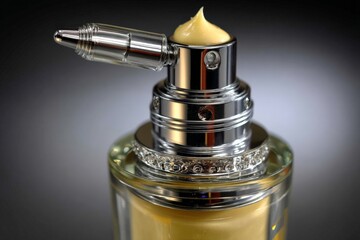 Poster - Clear cosmetic bottle with a silver applicator dispensing a creamy product on a dark background showcasing elegance and design detail