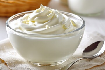 Poster - Delicious whipped cream in a glass bowl, ready to enhance desserts and beverages at a kitchen table setting