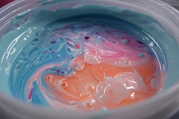 Poster - Colorful swirling paint mixture in a container captured at a creative workshop