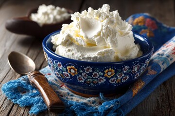 Poster - Creamy whipped topping served in a colorful bowl on a rustic wooden table with a decorative cloth