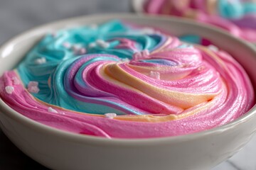 Poster - Swirled pastel frosting in a bowl ready for cake decoration at a baking event in a cozy kitchen