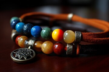 Poster - Colorful handmade bracelet made of natural stones displayed on a wooden surface