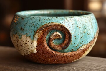 Poster - Handcrafted ceramic bowl showcasing a unique swirl design with turquoise and earthy tones, perfect for home decor or serving