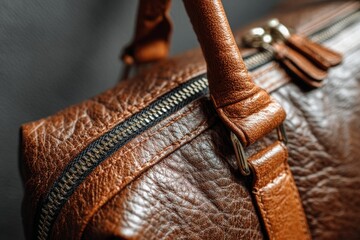 Poster - Close-up view of a brown leather bag showcasing its craftsmanship and intricate details of the zipper and handle