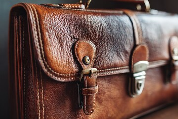 Poster - Leather briefcase with rich texture displayed in a cozy interior setting