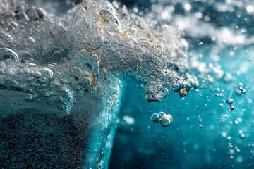 Poster - Bubbles rise in crystal clear water during a lively underwater environment showcasing nature's beauty