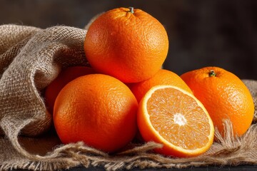 Poster - Fresh oranges arranged on burlap with one cut in half revealing juicy interior details
