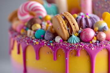 Aufkleber - Colorful dessert cake with macarons and various candies displayed for a celebratory occasion