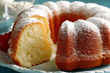 Poster - Delicious homemade bundt cake with powdered sugar and fresh berries served on a teal table