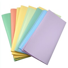 Poster - Pastel Paper Stack Displayed on White Backdrop from Above with Soft Lighting and Smooth Texture for Office Supplies