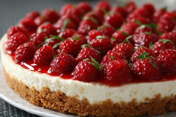 Poster - Delicious raspberry cheesecake topped with fresh berries on a plate ready for dessert at a summer gathering