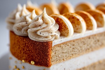Poster - Delicious caramel cake with creamy frosting displayed beautifully on a neutral background