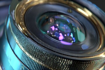 Leinwandbilder - Close-up view of a camera lens showcasing intricate details and reflections with vibrant colors during a photography session