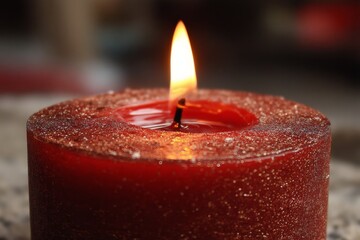 Poster - Red candle burns bright with shimmering wax, creating a warm ambiance in a cozy setting