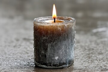 Poster - Candle burns softly on a reflective surface creating a serene atmosphere in a dimly lit room