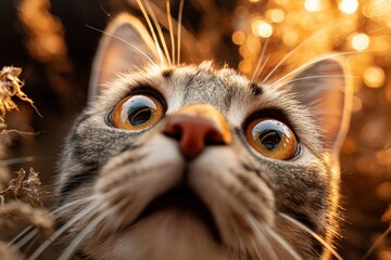 Aufkleber - Curious cat observes its surroundings as sunlight glows in a vibrant natural setting during golden hour