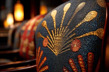 Poster - Ornate chair upholstery with vibrant patterns in a stylish indoor setting