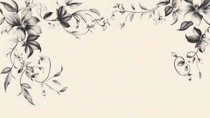 Poster - Elegant floral frame with grayscale flowers and vines on beige background, leaving ample copy space.
