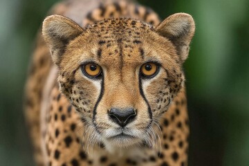 Aufkleber - Cheetah with piercing eyes stares intently in lush greenery during daylight