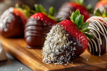 Poster - Deliciously decorated strawberries on a wooden platter for dessert at a celebration