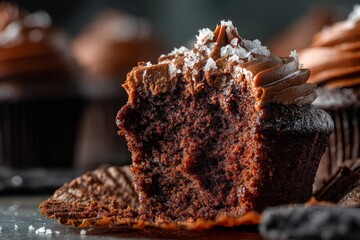 Poster - Decadent chocolate cupcake with creamy frosting and sea salt on a dark background highlighting dessert details