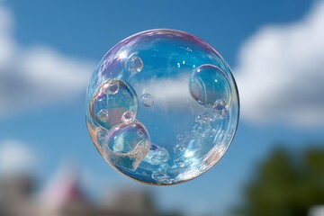 Poster - Colorful soap bubble floating in a clear sky with fluffy clouds during a sunny day in a park