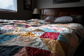 Aufkleber - Cozy bedroom with colorful patchwork quilt on bed during soft morning light