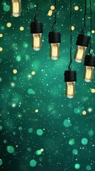 Poster - Decorative String Lights Hanging on Emerald Green Background with Bokeh and Sparkles Festive Holiday Season Vertical