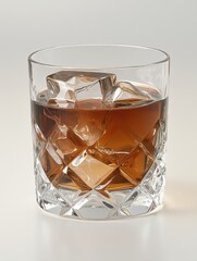 Poster - Whiskey in ornate glass with ice cubes studio shot on white background crystal cut design close up
