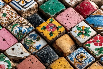 Aufkleber - Intricate patterns of colorful ceramic tiles arranged artistically on a surface during daylight