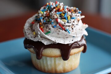 Poster - Delicious vanilla cupcake topped with chocolate ganache and colorful sprinkles in a cozy cafe setting