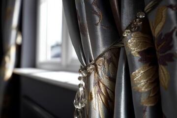 Aufkleber - Elegant curtains softly framing a well-lit window in a cozy living space with floral patterns and delicate embellishments