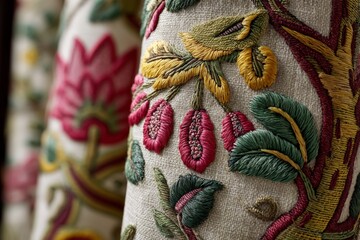 Aufkleber - Intricate floral embroidery detail showcasing vibrant colors on textured fabric