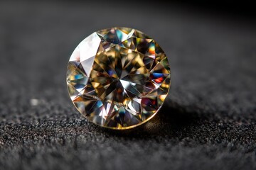 Aufkleber - Sparkling round cut diamond showcasing brilliant facets and colorful reflections on a dark surface in soft lighting