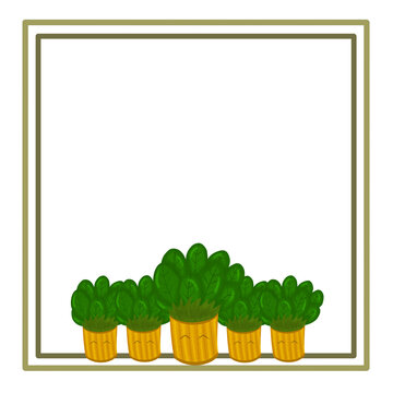 Illustration of greeting card and note with green ornamental plant in yellow pot.