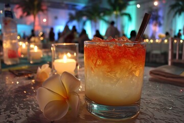 Poster - Colorful cocktail sits on a table surrounded by flowers and candles at a festive evening event in a well-decorated venue