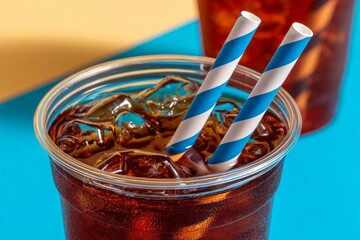 Poster - Chilled beverage with ice and striped straws served on a vibrant background in a sunny setting