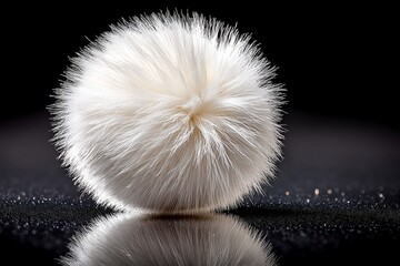 Poster - Fluffy white pom-pom on a reflective surface with shimmering background