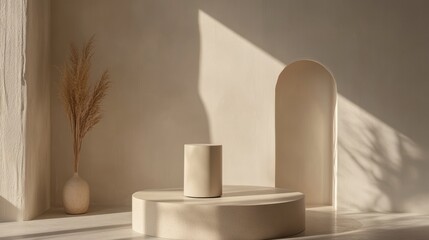 Poster - Minimalist beige room interior with sunlight, cylinder, and pampas grass.