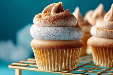 Poster - Delicious cupcake topped with creamy frosting on a cooling rack in a bright kitchen setting