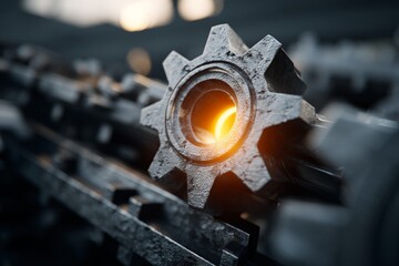 Poster - Industrial gear with glowing ember at a manufacturing site during sunset